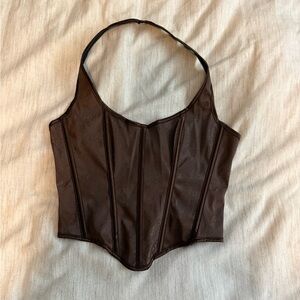 Brown Snake Skin Faux Leather Tie-Up Corset Cami Top